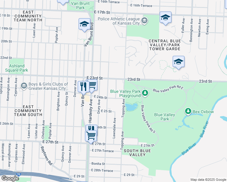 map of restaurants, bars, coffee shops, grocery stores, and more near 2312 Lawndale Avenue in Kansas City