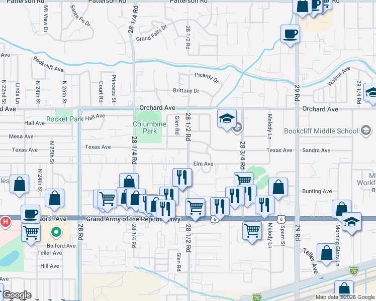 map of restaurants, bars, coffee shops, grocery stores, and more near 28 1/2 Rd & Elm Dr in Grand Junction