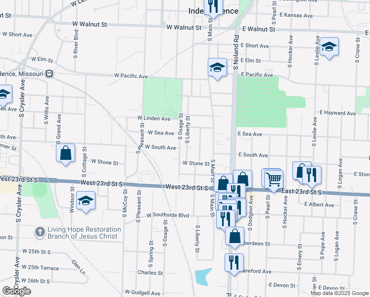 map of restaurants, bars, coffee shops, grocery stores, and more near 917 South Liberty Street in Independence