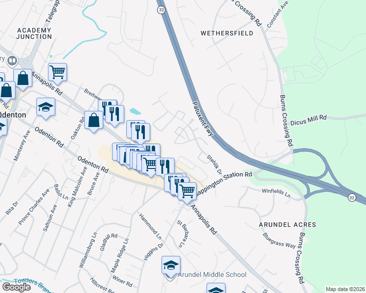 map of restaurants, bars, coffee shops, grocery stores, and more near 606 Rolling Hill Walk in Odenton