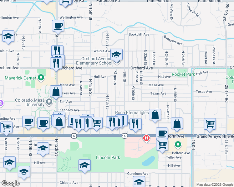 map of restaurants, bars, coffee shops, grocery stores, and more near 1550 North 18th Street in Grand Junction
