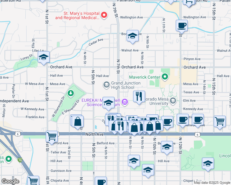 map of restaurants, bars, coffee shops, grocery stores, and more near 1525 North 7th Street in Grand Junction
