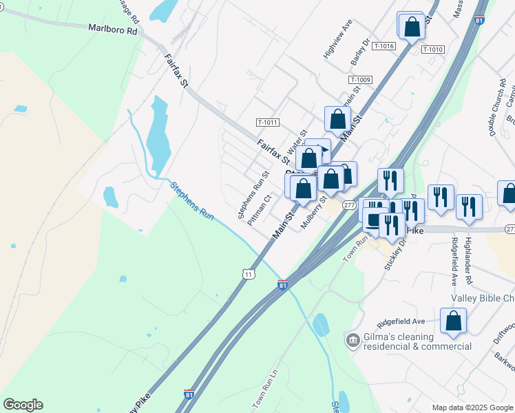 map of restaurants, bars, coffee shops, grocery stores, and more near 208 Stephens Run Street in Stephens City