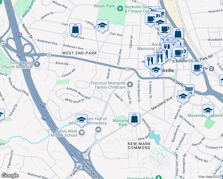 map of restaurants, bars, coffee shops, grocery stores, and more near 307 Great Falls Road in Rockville