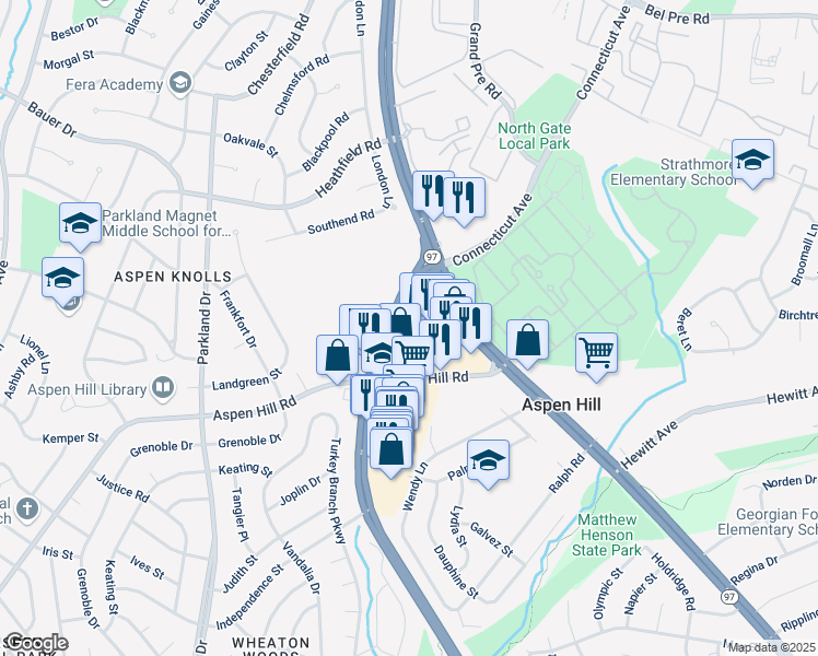 map of restaurants, bars, coffee shops, grocery stores, and more near 13832 Georgia Avenue in Silver Spring