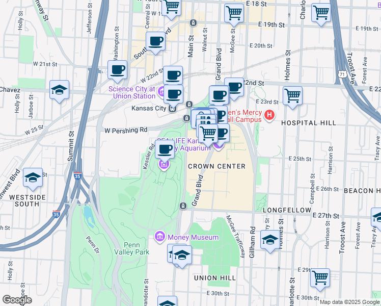 map of restaurants, bars, coffee shops, grocery stores, and more near 2525 Main Street in Kansas City