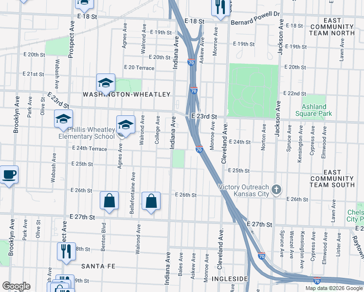 map of restaurants, bars, coffee shops, grocery stores, and more near 2410 Bales Avenue in Kansas City