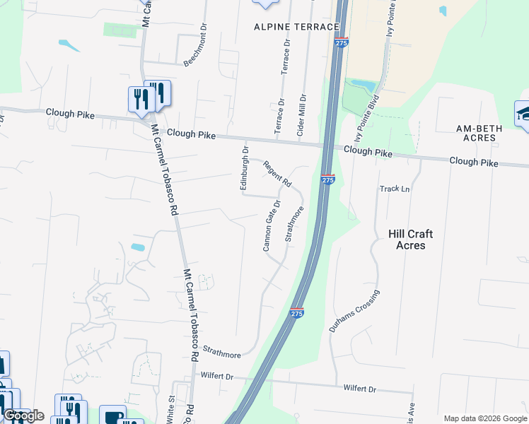 map of restaurants, bars, coffee shops, grocery stores, and more near 4185 Edinburgh Drive in Cincinnati