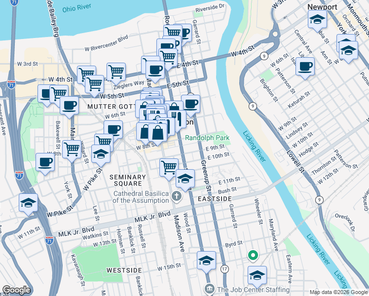 map of restaurants, bars, coffee shops, grocery stores, and more near 111 East 8th Street in Covington