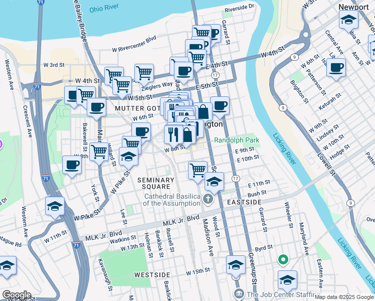 map of restaurants, bars, coffee shops, grocery stores, and more near 727 Madison Avenue in Covington