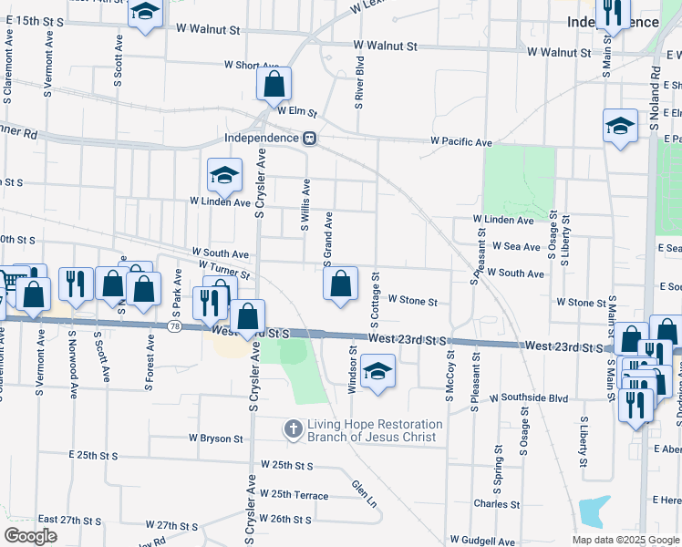 map of restaurants, bars, coffee shops, grocery stores, and more near 924 West South Avenue in Independence