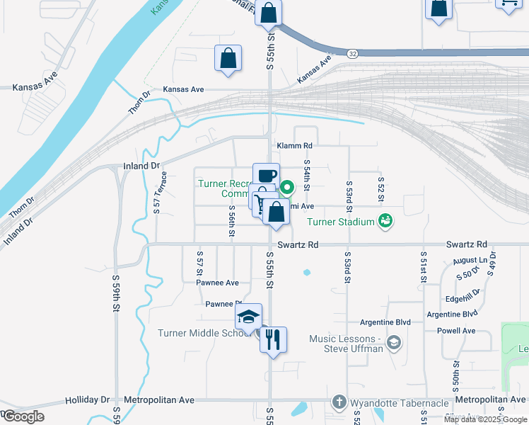 map of restaurants, bars, coffee shops, grocery stores, and more near 840 South 55th Street in Kansas City