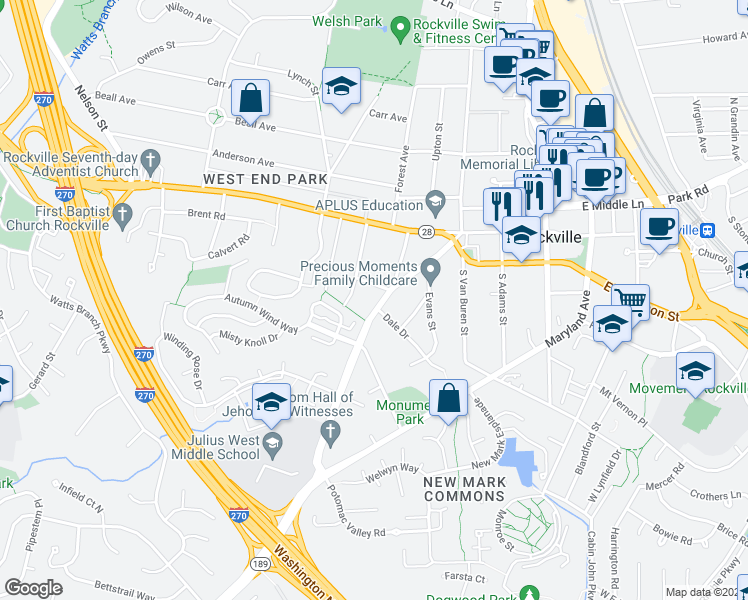 map of restaurants, bars, coffee shops, grocery stores, and more near 307 Great Falls Road in Rockville