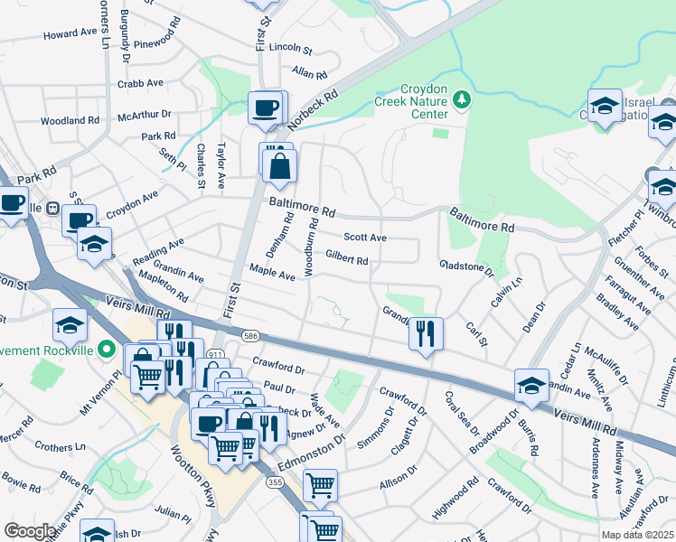 map of restaurants, bars, coffee shops, grocery stores, and more near 1010 Maple Avenue in Rockville