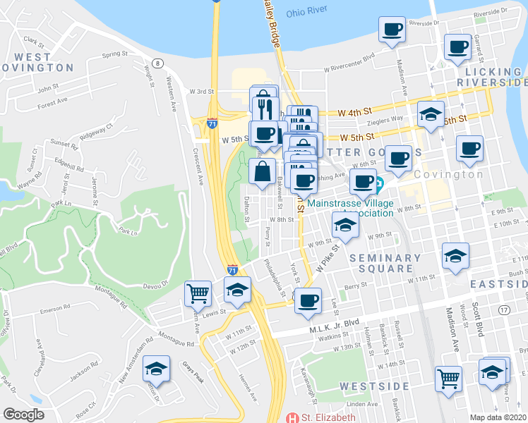 map of restaurants, bars, coffee shops, grocery stores, and more near 720 Philadelphia Street in Covington