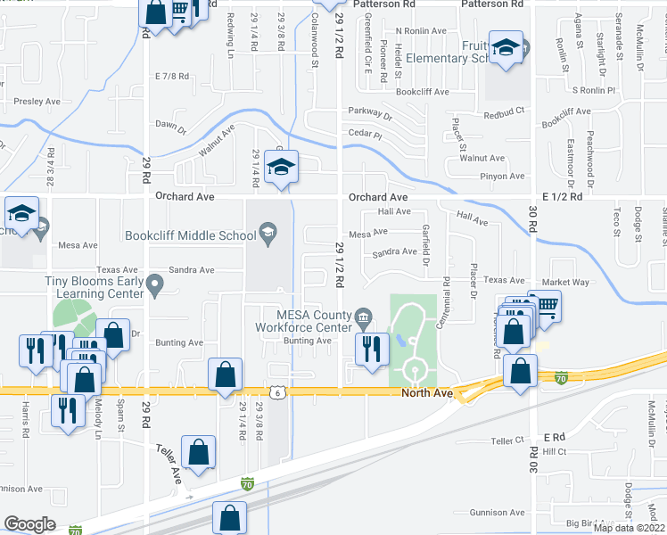 map of restaurants, bars, coffee shops, grocery stores, and more near 2948 North Palace Circle in Grand Junction