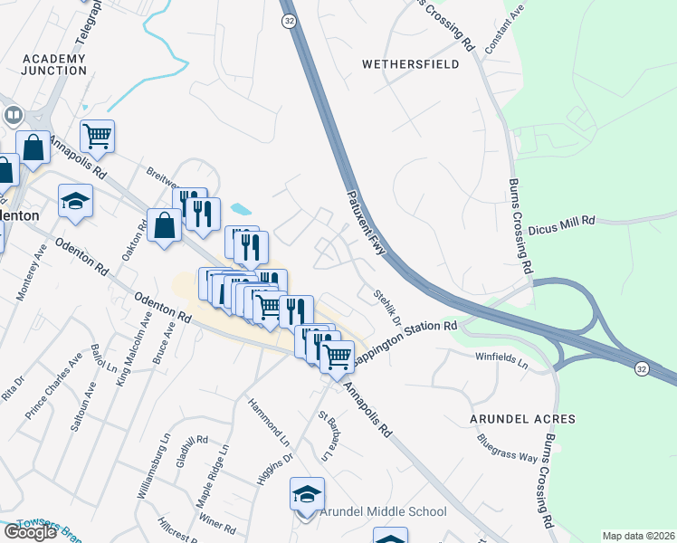 map of restaurants, bars, coffee shops, grocery stores, and more near 608 Rolling Hill Walk in Odenton