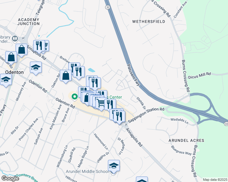 map of restaurants, bars, coffee shops, grocery stores, and more near 602 Rolling Hill Walk in Odenton