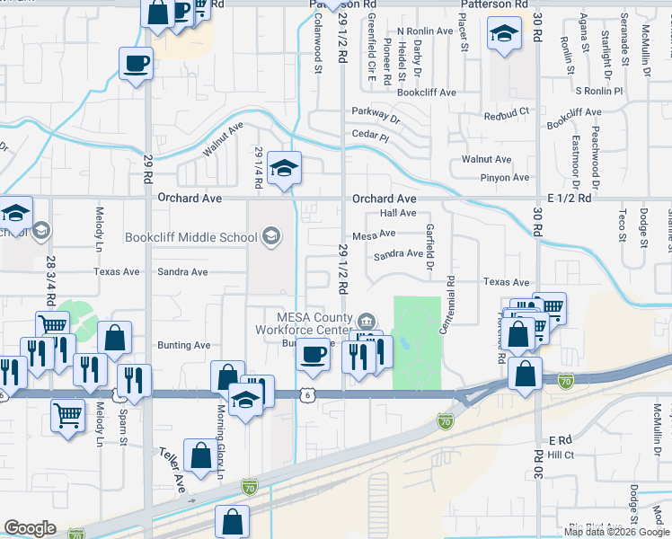 map of restaurants, bars, coffee shops, grocery stores, and more near 2948 North Palace Circle in Grand Junction