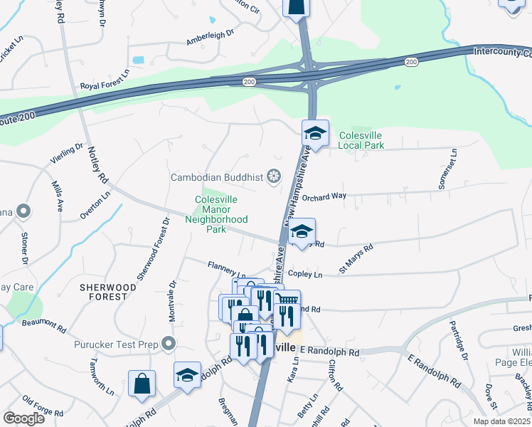 map of restaurants, bars, coffee shops, grocery stores, and more near 13716 New Hampshire Avenue in Silver Spring