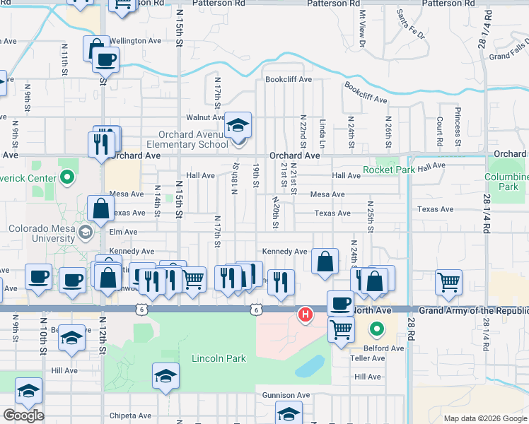 map of restaurants, bars, coffee shops, grocery stores, and more near 1630 19th Street in Grand Junction