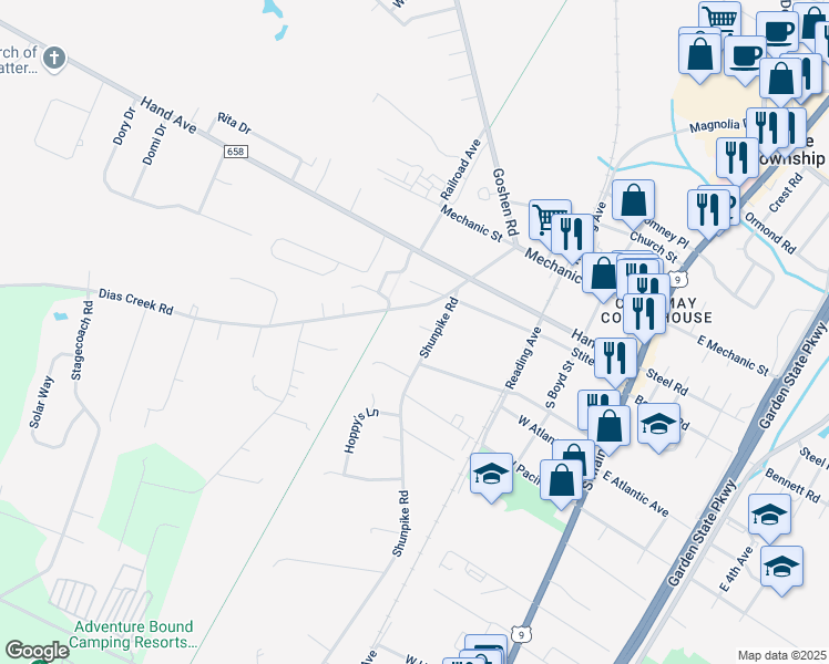 map of restaurants, bars, coffee shops, grocery stores, and more near 208 Dias Creek Road in Cape May County