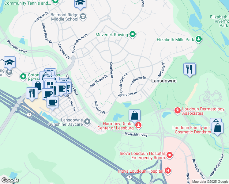 map of restaurants, bars, coffee shops, grocery stores, and more near 19230 Chartier Drive in Leesburg