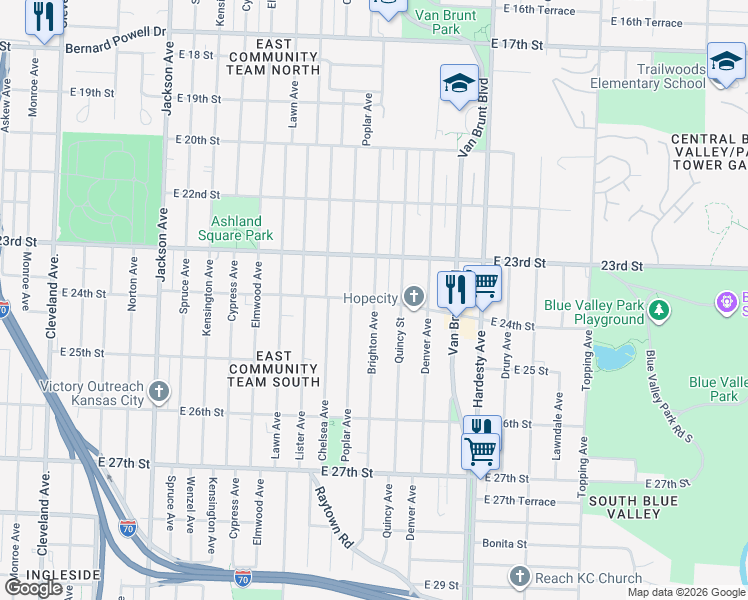 map of restaurants, bars, coffee shops, grocery stores, and more near E 24th St & Brighton Ave in Kansas City