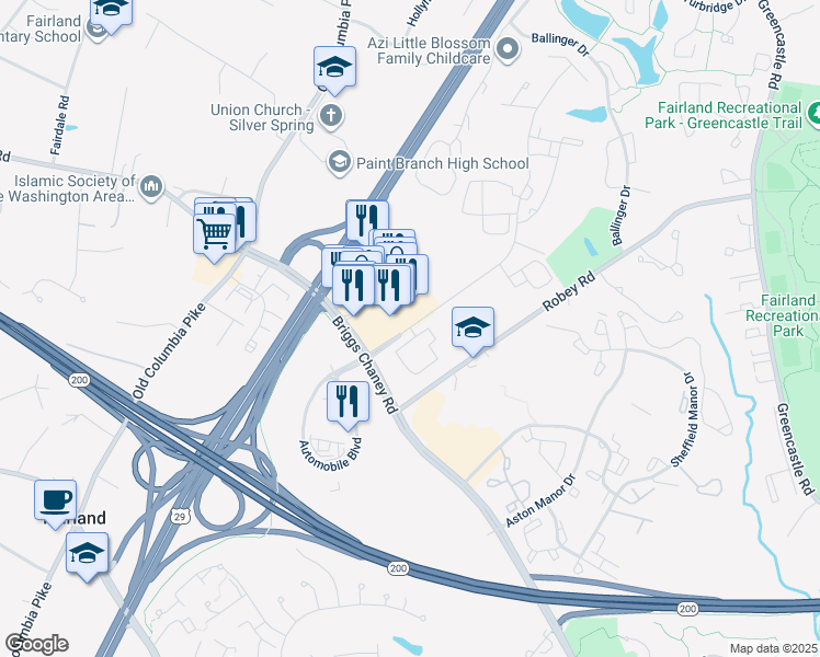 map of restaurants, bars, coffee shops, grocery stores, and more near 13175 Castle Boulevard in Silver Spring