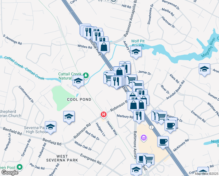 map of restaurants, bars, coffee shops, grocery stores, and more near 466 Ritchie Highway in Severna Park