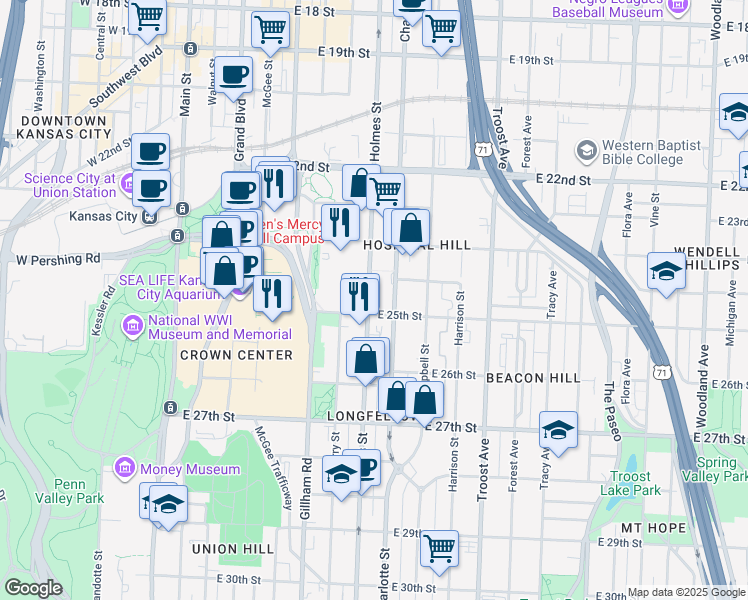 map of restaurants, bars, coffee shops, grocery stores, and more near 2464 Charlotte Street in Kansas City