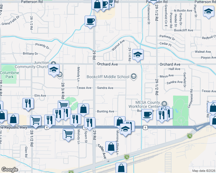 map of restaurants, bars, coffee shops, grocery stores, and more near 2910 Sandra Avenue in Grand Junction