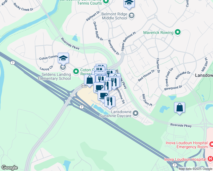 map of restaurants, bars, coffee shops, grocery stores, and more near 19309 Winmeade Drive in Leesburg
