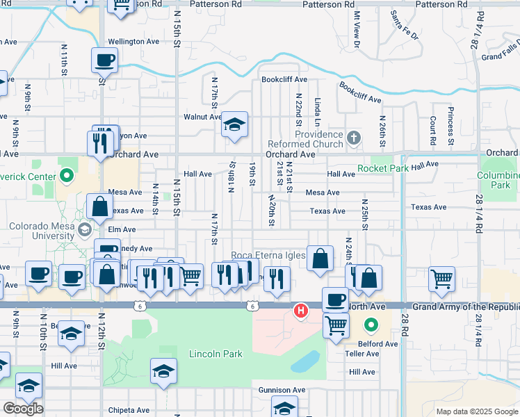 map of restaurants, bars, coffee shops, grocery stores, and more near 1630 19th Street in Grand Junction