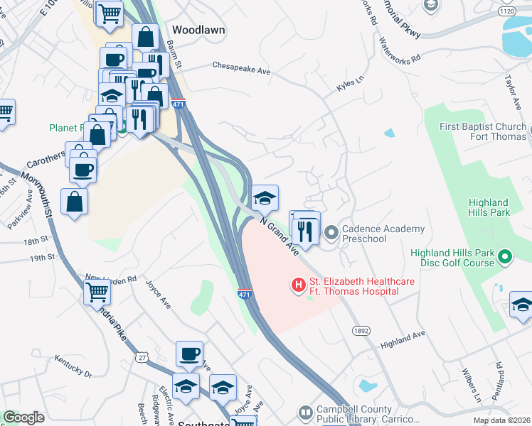map of restaurants, bars, coffee shops, grocery stores, and more near 1359 North Grand Avenue in Fort Thomas
