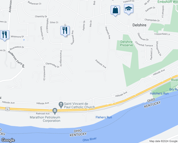 map of restaurants, bars, coffee shops, grocery stores, and more near 155 Pedretti Avenue in Cincinnati