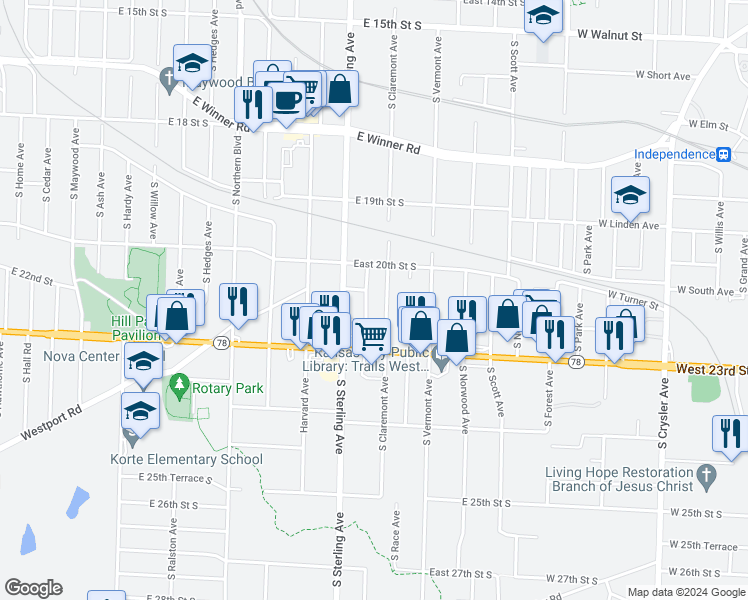map of restaurants, bars, coffee shops, grocery stores, and more near 2010 South Claremont Avenue in Independence