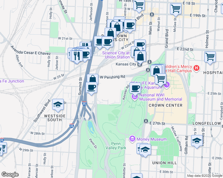 map of restaurants, bars, coffee shops, grocery stores, and more near 2418-2598 Washington St in Kansas City