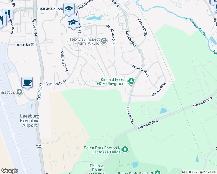 map of restaurants, bars, coffee shops, grocery stores, and more near 839 Santmyer Drive Southeast in Leesburg