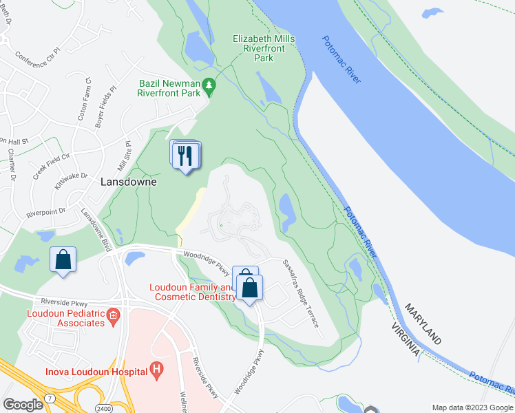 map of restaurants, bars, coffee shops, grocery stores, and more near 19360 Magnolia Grove Square in Leesburg