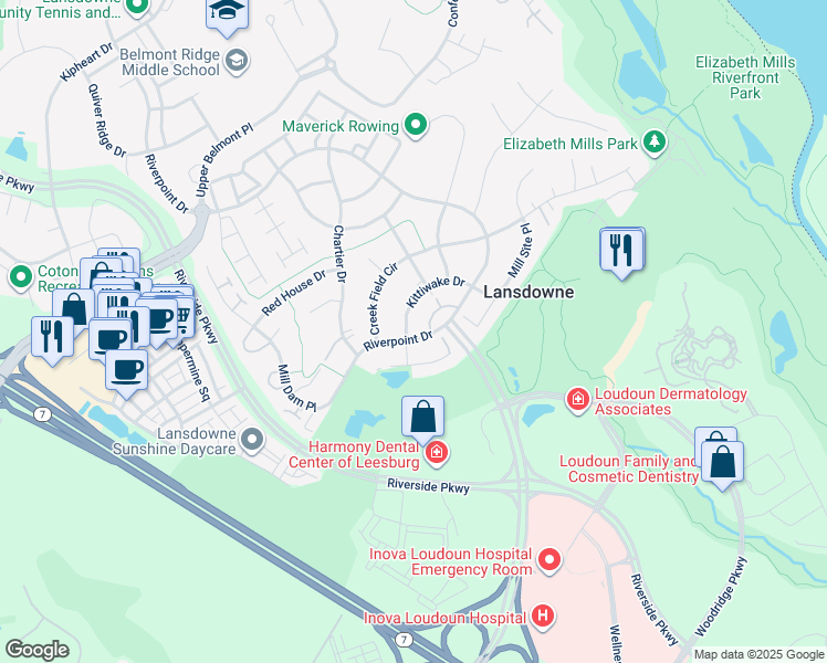 map of restaurants, bars, coffee shops, grocery stores, and more near 43839 Kittiwake Drive in Leesburg