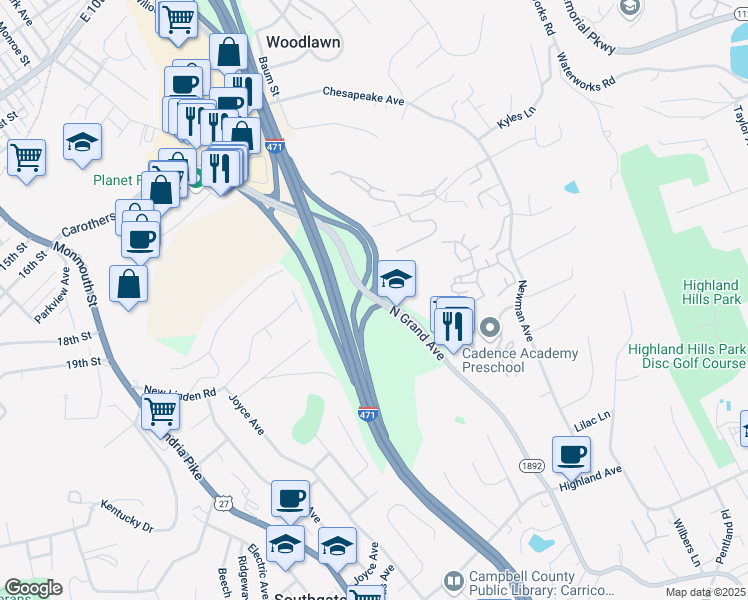 map of restaurants, bars, coffee shops, grocery stores, and more near North Grand Avenue in Newport