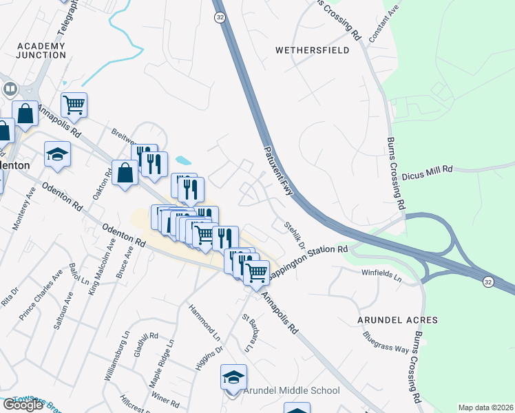 map of restaurants, bars, coffee shops, grocery stores, and more near 608 Rolling Hill Walk in Odenton