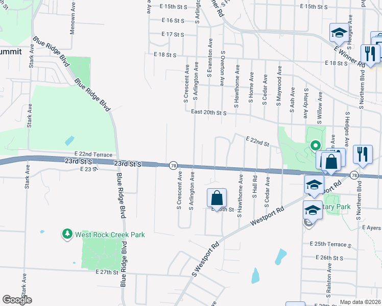 map of restaurants, bars, coffee shops, grocery stores, and more near 2210 South Arlington Avenue in Independence