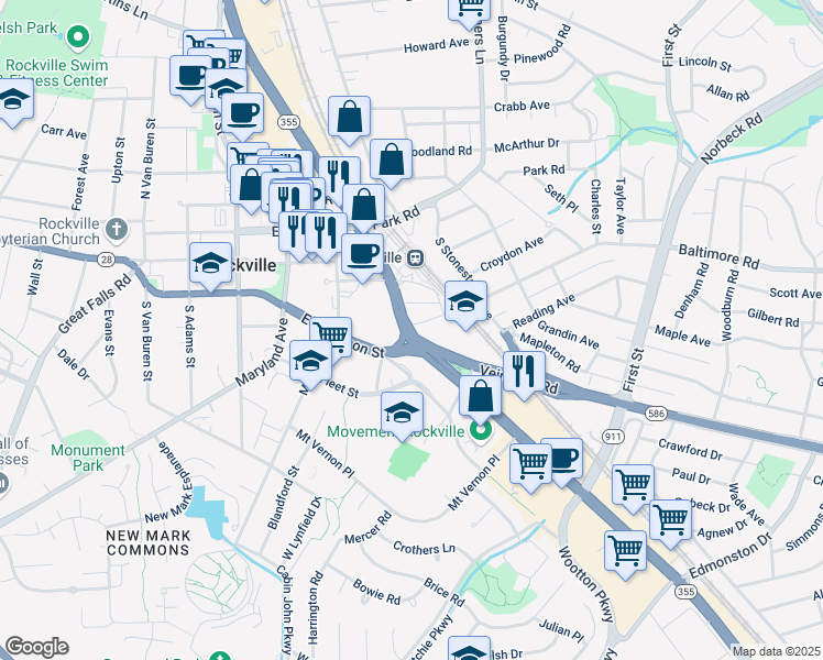 map of restaurants, bars, coffee shops, grocery stores, and more near Hungerford Drive in Rockville