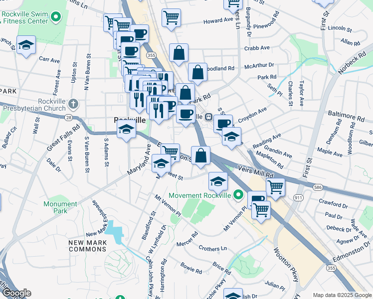 map of restaurants, bars, coffee shops, grocery stores, and more near 118 Monroe Street in Rockville