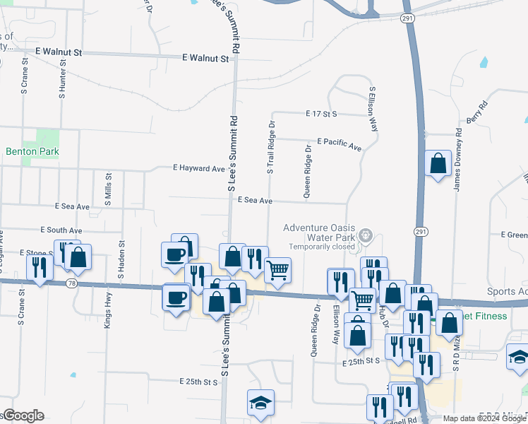 map of restaurants, bars, coffee shops, grocery stores, and more near 908 South Trail Ridge Drive in Independence