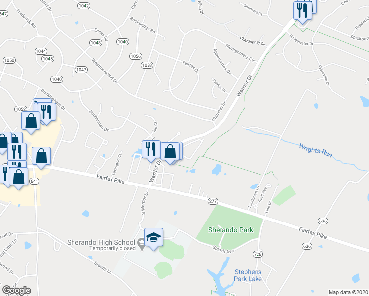 map of restaurants, bars, coffee shops, grocery stores, and more near 317 Sherando Circle in Stephens City