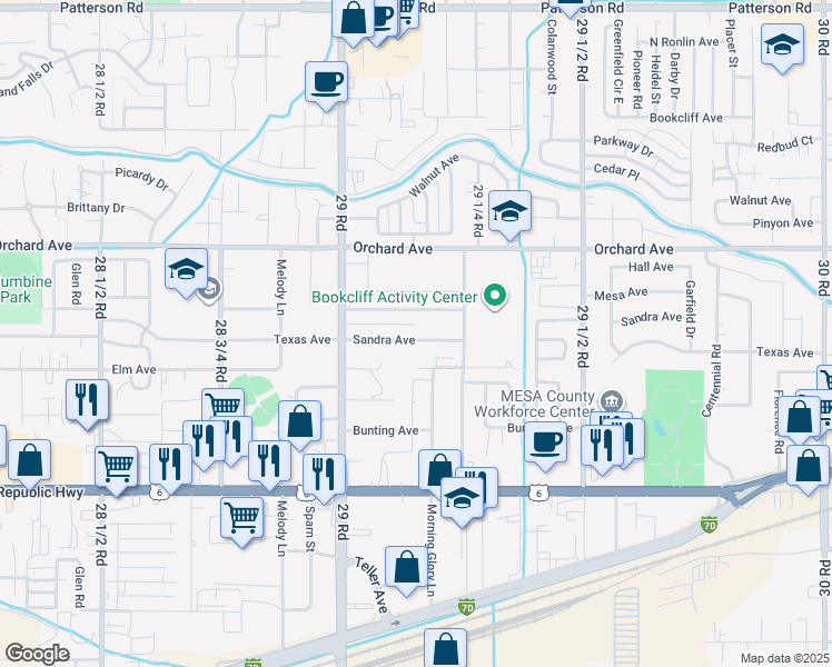 map of restaurants, bars, coffee shops, grocery stores, and more near 2912 3/4 Sandra Avenue in Grand Junction