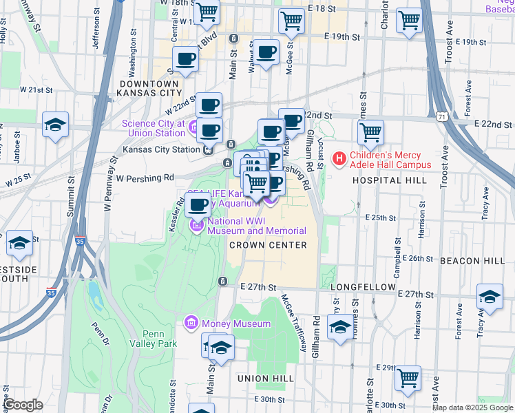 map of restaurants, bars, coffee shops, grocery stores, and more near 2450 Grand Boulevard in Kansas City